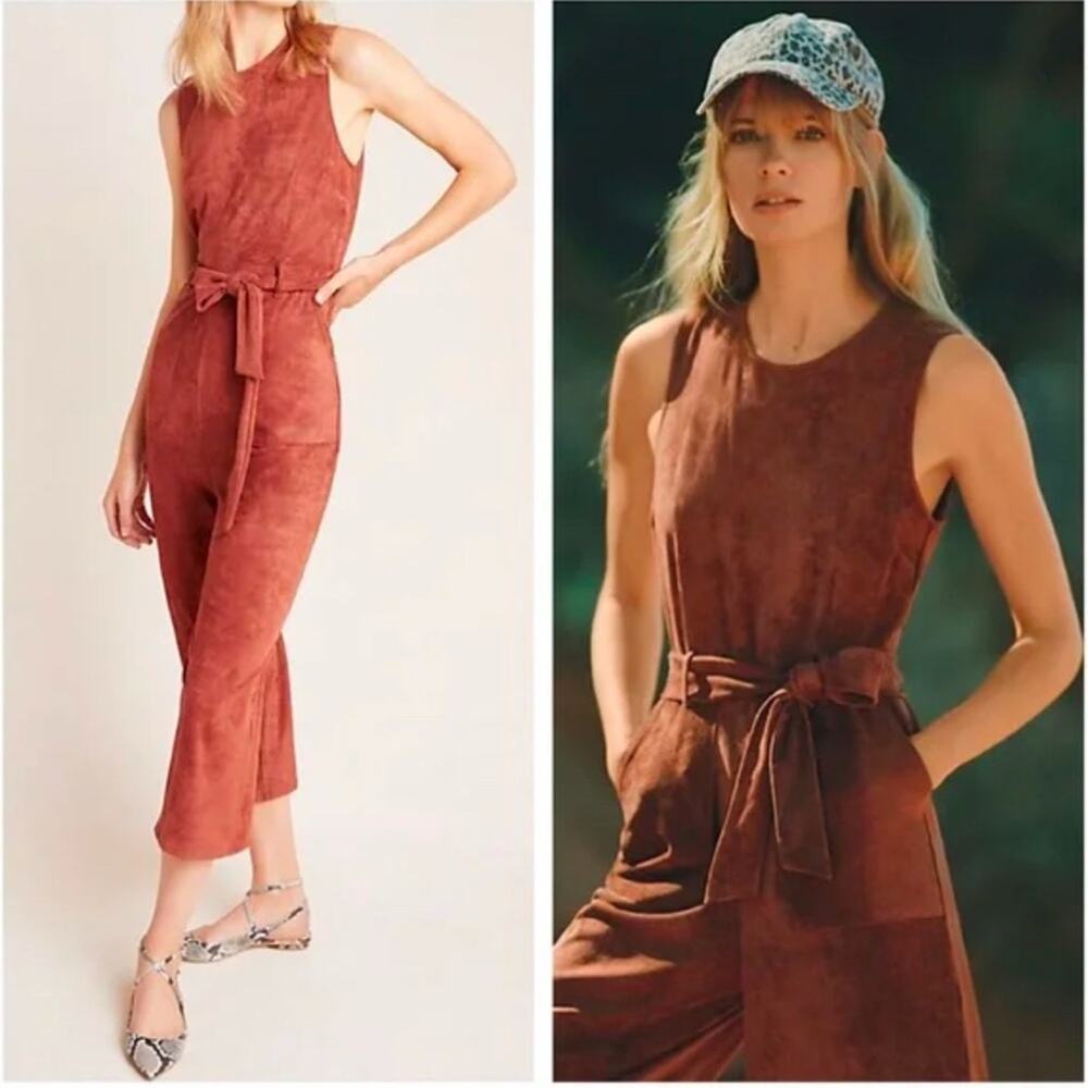 Anthropologie Faux Suede Sleeveless Belted Jumpsuit in Brick Sz Small
